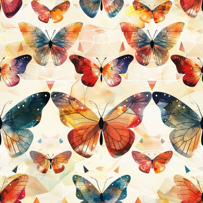 Colorful abstract butterflies with geometric patterns on a light background.