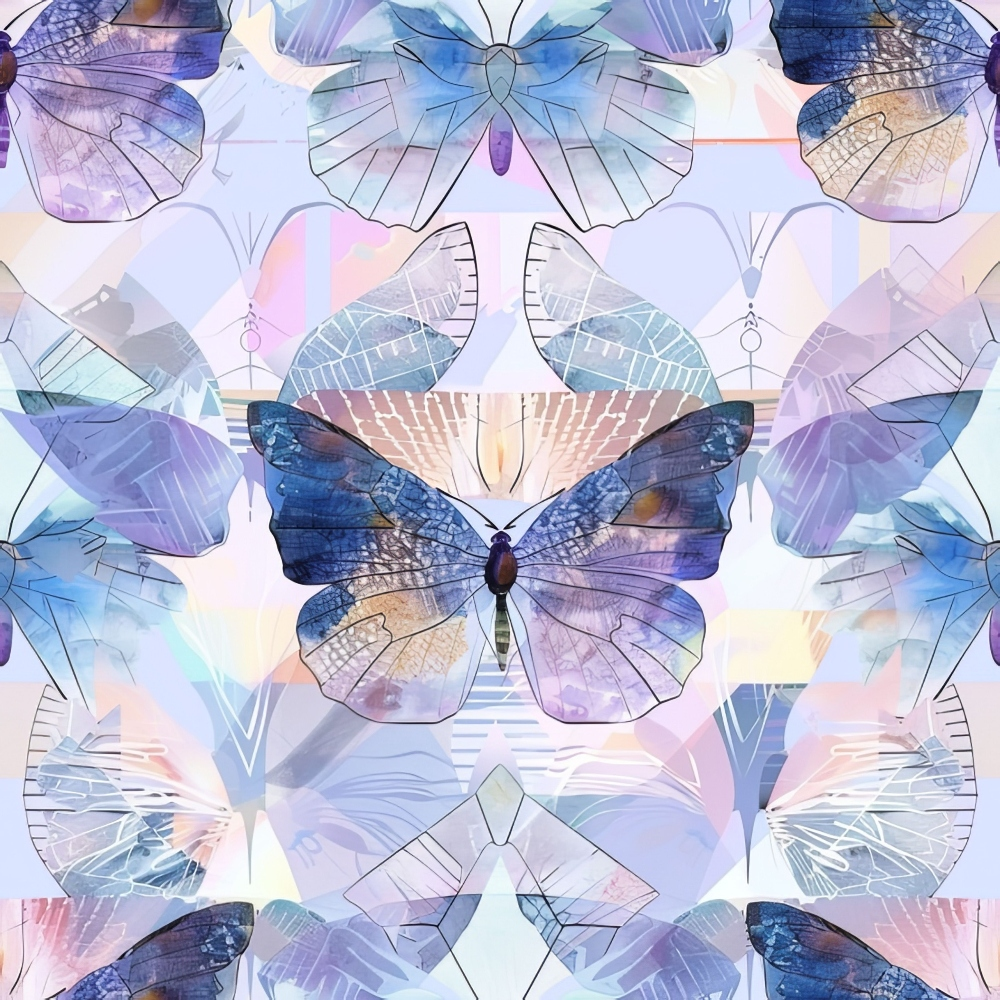 Pattern of blue and purple butterflies with translucent wings on a pastel background.