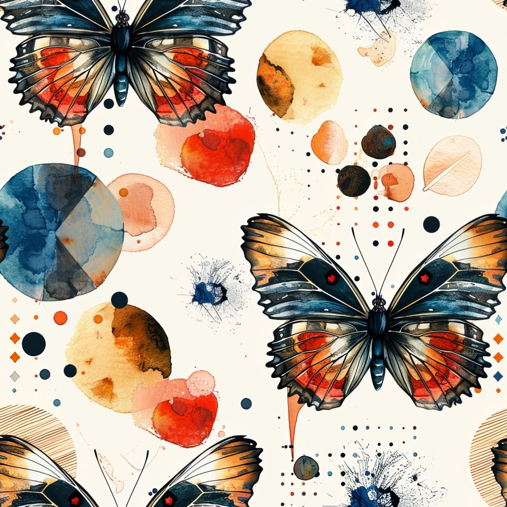 Pattern of butterflies with orange and blue watercolor wings alongside abstract circular shapes in varying sizes and colors.