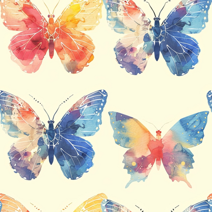 Pattern of watercolor butterflies in pink, blue, and yellow hues on a light background.