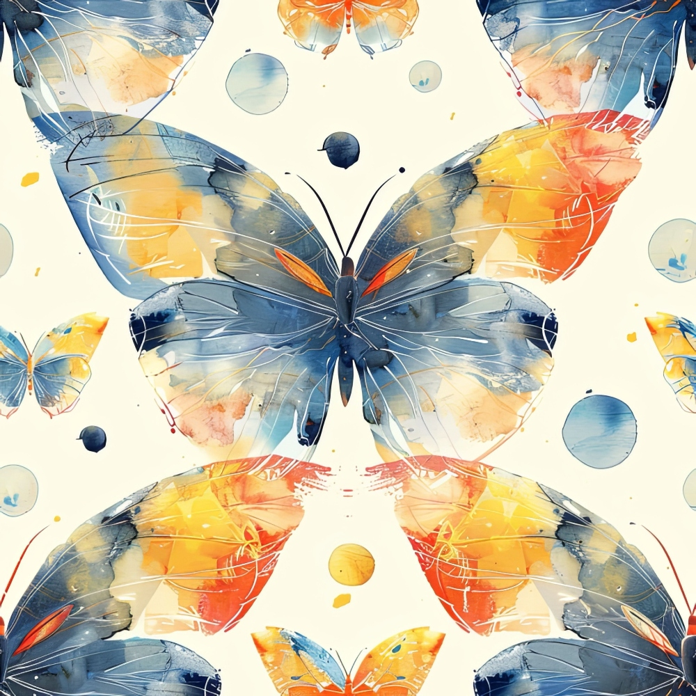 Colorful watercolor butterfly pattern with shades of blue, orange, and yellow on a light background.