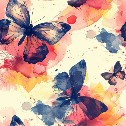 Colorful butterflies with watercolor splashes in red, pink, yellow, and blue on a light background.