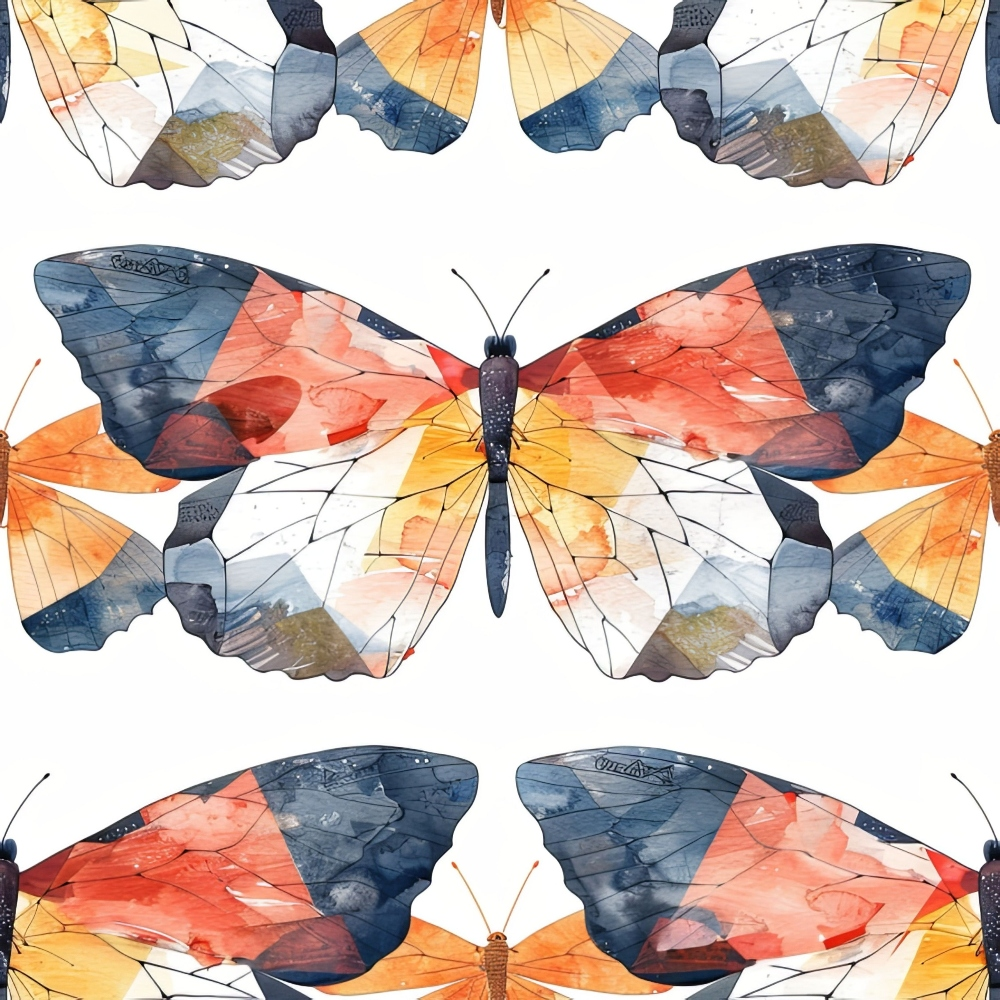 Illustration of butterflies with abstract, geometric wings in shades of blue, orange, and yellow on a white background.