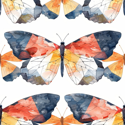 Illustration of butterflies with abstract, geometric wings in shades of blue, orange, and yellow on a white background.