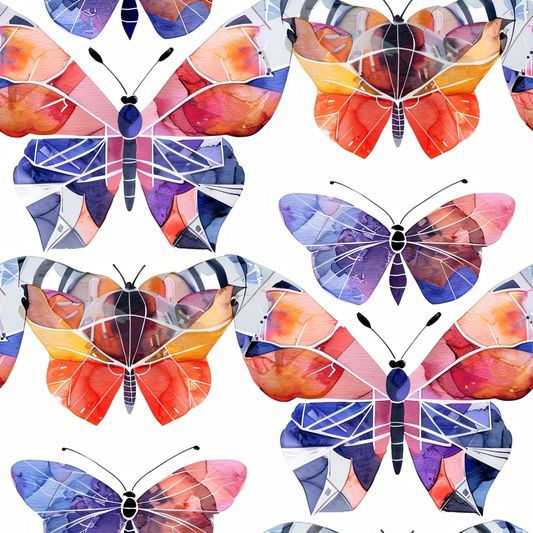 Pattern of colorful butterflies with geometric, stained glass-like designs on a white background.