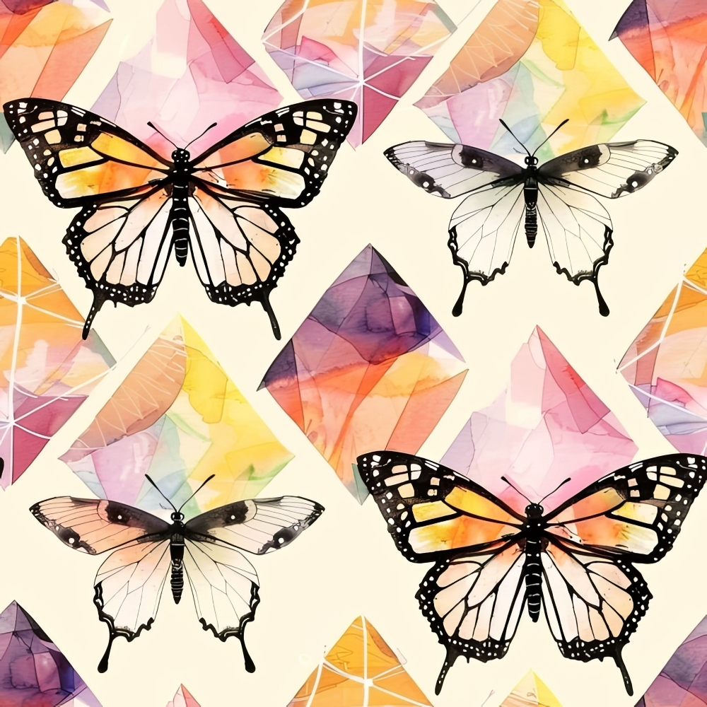 Illustrated butterflies with geometric, colorful backgrounds in a repeating pattern.