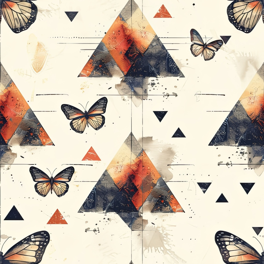 Geometric pattern with triangles in shades of orange, black, and gray. Butterflies are scattered throughout the design on a light background.