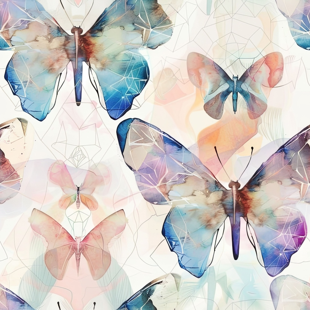 Seamless pattern of large and small butterflies with geometric and watercolor designs in shades of blue, peach, and beige on a white background.