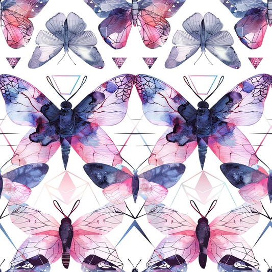 Pattern of watercolor butterflies in shades of purple, pink, and blue, arranged symmetrically against a white background.