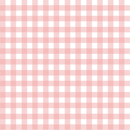 A seamless pattern of pink and white gingham checks, with evenly spaced vertical and horizontal pink lines forming a grid on a white background.