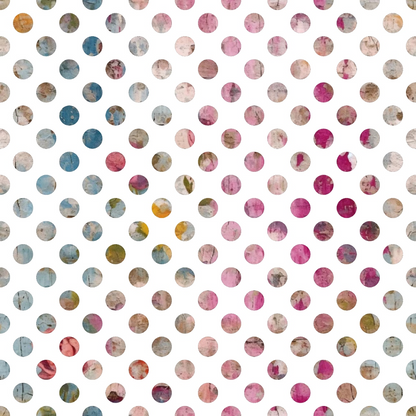 polka dots, circle pattern, pink, blue, teal, mauve, gray, beige, coral, burgundy, watercolor effect, distressed texture, grunge style, abstract design, quilting cotton, fabric panel, pastel colors, muted tones, geometric circles, vintage wash