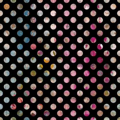 polka dots, grunge texture, pink tones, blue hues, beige circles, distressed effect, weathered look, geometric pattern, repeating circles, vintage style, faded colors, quilting cotton, fabric panel, spotted design, muted pastels, worn aesthetic, circular motifs, soft pink, dusty blue, cream colors