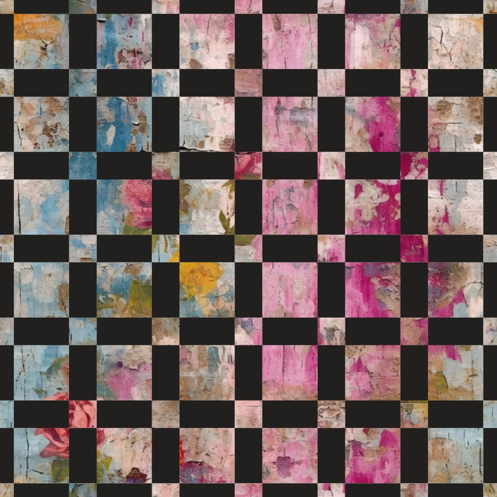 pink, magenta, blue, beige, cream, orange, yellow, grunge, plaster texture, distressed, weathered, abstract, checkerboard layout, vintage, faded, cotton fabric, quilting panel, girly, feminine, shabby chic, cracked paint, aged surface, patchwork squares