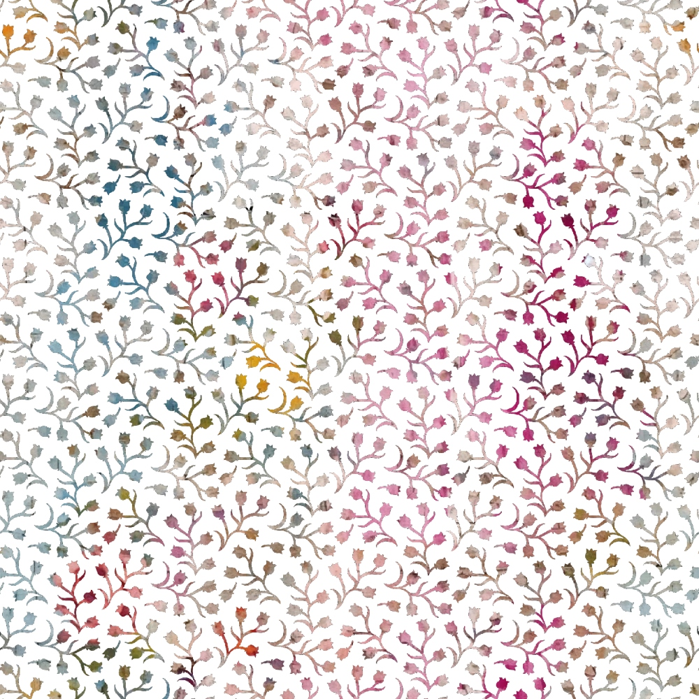 floral pattern, botanical design, branching stems, small flowers, watercolor style, muted pastels, pink tones, blue accents, gray hues, beige colors, purple shades, vintage aesthetic, distressed texture, grunge style, quilting cotton, fabric panel, delicate motifs, soft colors, artistic pattern, nature inspired