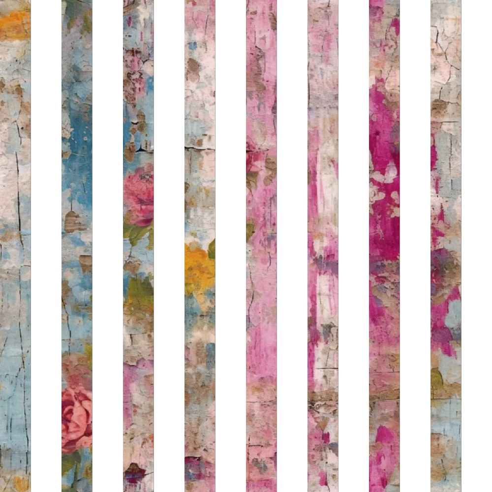 pink, magenta, blue, yellow, orange, weathered, distressed, grunge, plaster texture, peeling paint, aged surface, vintage roses, floral motifs, shabby chic, rustic, cotton fabric, quilting panel, vertical strips, faded colors, worn appearance