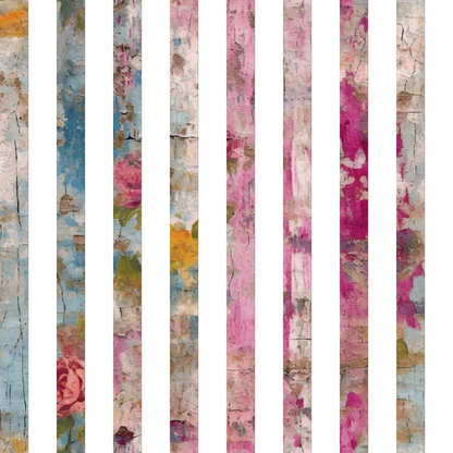 pink, magenta, blue, yellow, orange, weathered, distressed, grunge, plaster texture, peeling paint, aged surface, vintage roses, floral motifs, shabby chic, rustic, cotton fabric, quilting panel, vertical strips, faded colors, worn appearance