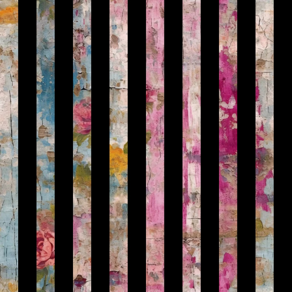 grunge texture, distressed plaster, pink tones, magenta stripes, blue accents, orange highlights, weathered surface, vintage style, cracked paint, cotton fabric, quilting panel, shabby chic, mixed media art, abstract design, feminine colors, artistic stripes, textured background, crafting material