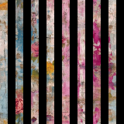 grunge texture, distressed plaster, pink tones, magenta stripes, blue accents, orange highlights, weathered surface, vintage style, cracked paint, cotton fabric, quilting panel, shabby chic, mixed media art, abstract design, feminine colors, artistic stripes, textured background, crafting material