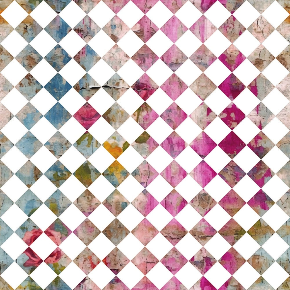 pink, magenta, blue, teal, orange, yellow, white, diamond pattern, checkerboard, distressed texture, grunge style, weathered, vintage wash, quilting cotton, fabric panel, geometric design, alternating squares, artistic texture, shabby chic, contemporary