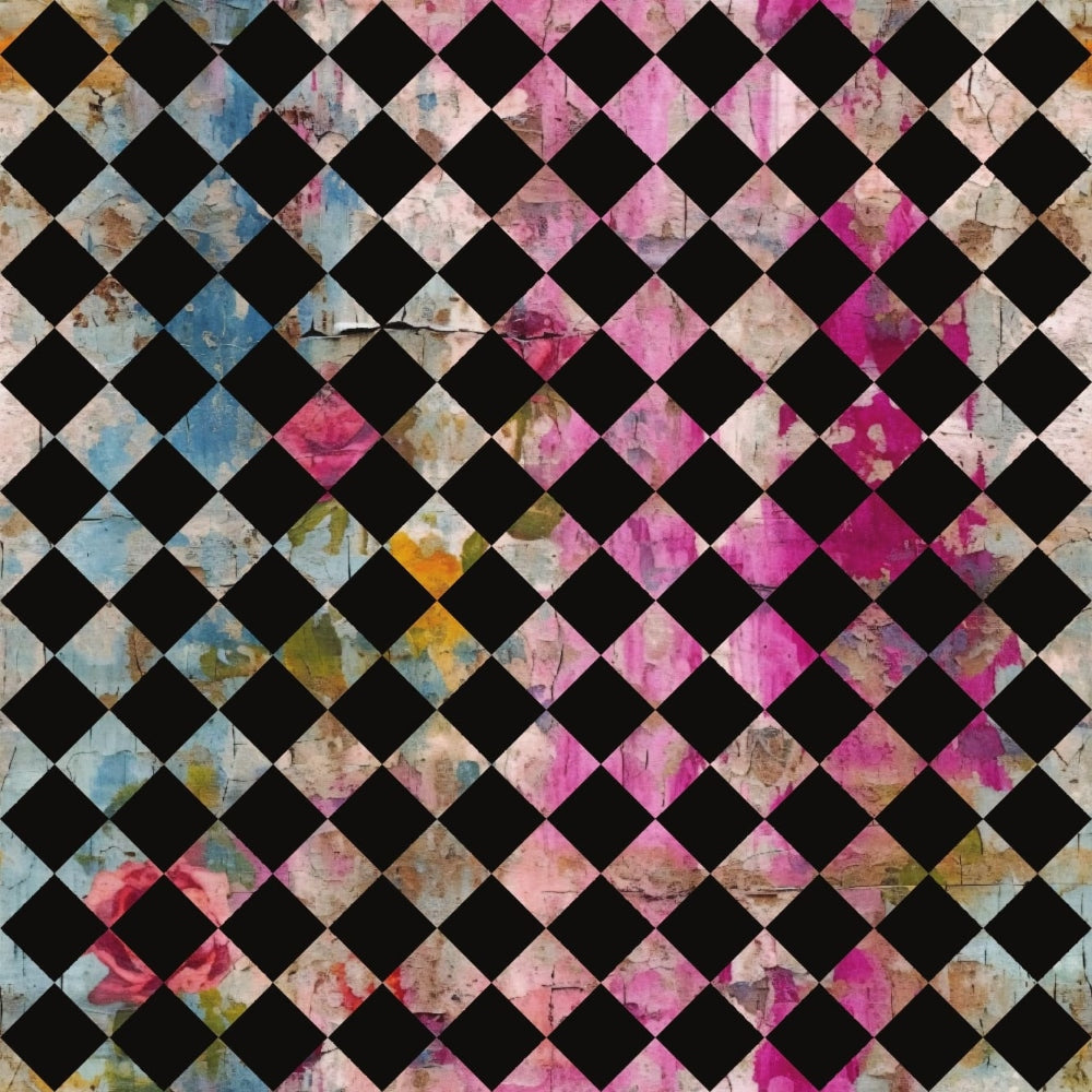 pink, magenta, blue, black, white, beige, checkerboard pattern, diamond grid, distressed texture, grunge style, weathered look, geometric design, alternating squares, vintage wash, faded appearance, quilting cotton, fabric panel, abstract pattern, worn aesthetic, shabby chic