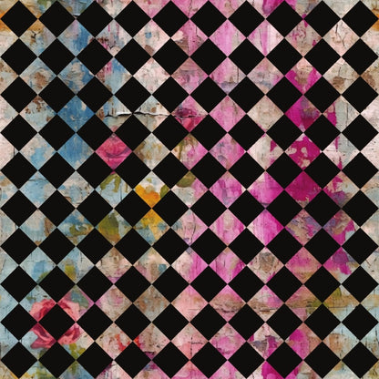 pink, magenta, blue, black, white, beige, checkerboard pattern, diamond grid, distressed texture, grunge style, weathered look, geometric design, alternating squares, vintage wash, faded appearance, quilting cotton, fabric panel, abstract pattern, worn aesthetic, shabby chic