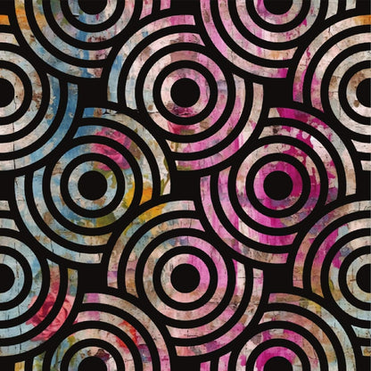 grunge texture, concentric circles, pink tones, blue accents, black background, distressed finish, geometric pattern, weathered appearance, quilting cotton, fabric panel, modern design, circular motifs, pastel colors, contemporary style, abstract pattern, girly aesthetic, plaster effect, repetitive design, craft fabric, sewing material