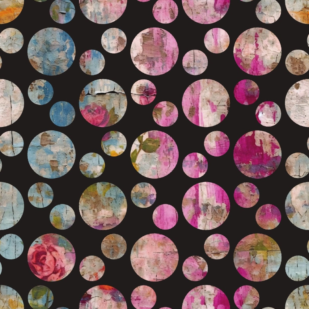 girly grunge, plaster texture, distressed circles, polka dots, pink, magenta, blue, beige, weathered paint, vintage worn, cracked surface, quilting cotton, fabric panel, shabby chic, mixed media style, peeling paint, rose motif, circular pattern, grunge aesthetic, pastel colors