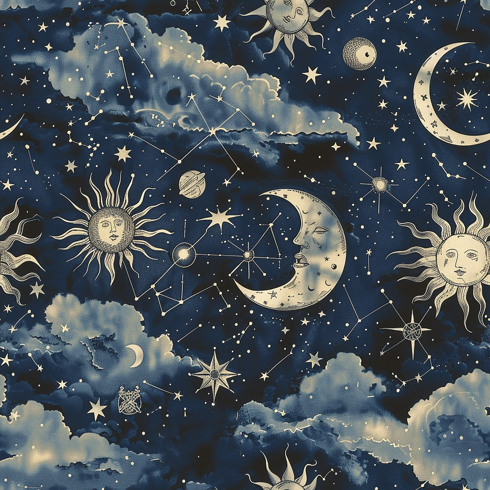 Illustrated nighttime sky featuring celestial designs with suns, moons, stars, clouds, and constellations on a dark blue background.