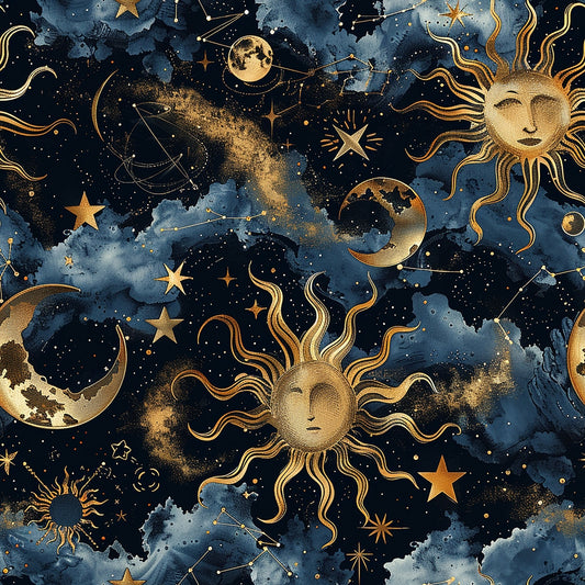 A celestial pattern with sun and moon faces, stars, clouds, and constellations in gold and blue tones.