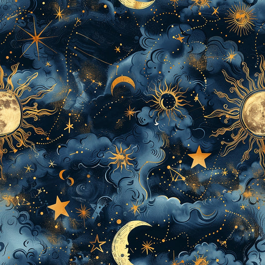 Celestial-themed illustration with suns, moons, stars, and swirling clouds in gold and blue tones.