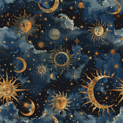 Illustration of a night sky filled with stylized suns and moons, decorated with stars and clouds. The celestial bodies have human-like facial features and golden outlines against a dark backdrop.