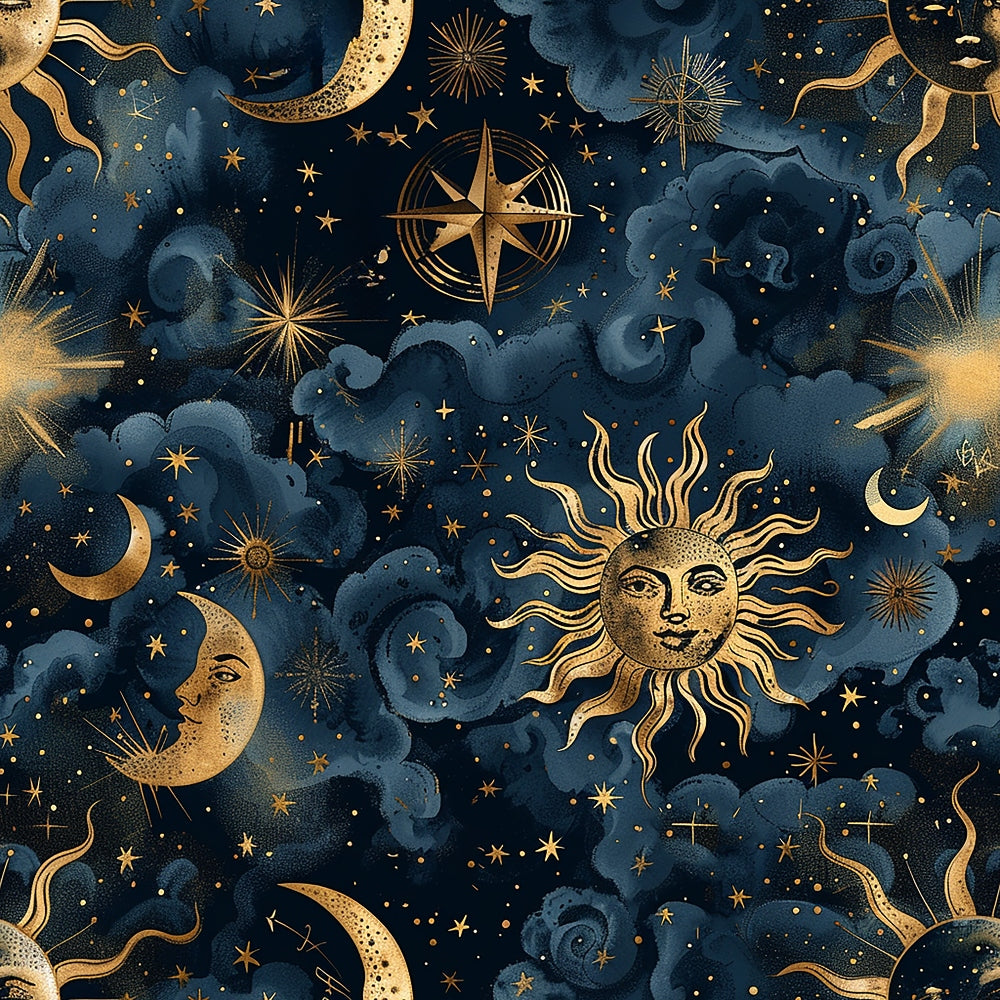 Celestial-themed illustration featuring sun, moon, stars, and clouds in gold and blue tones, arranged in a decorative pattern against a dark background.