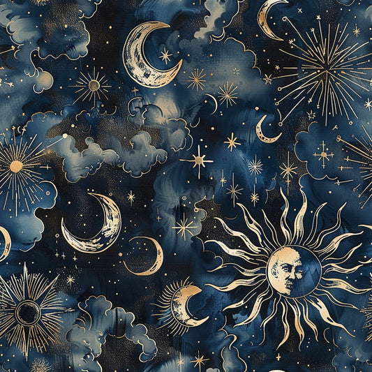 Abstract celestial pattern featuring moons, stars, clouds, and the sun on a dark blue background. The design includes faces on the sun and moon, with a vintage artistic style.