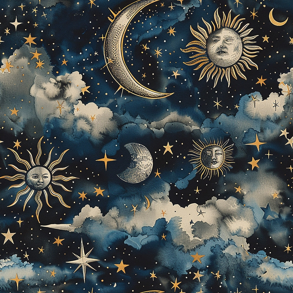 Illustration of a night sky with stars, crescent moons, and suns with faces, surrounded by clouds.