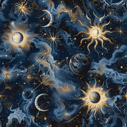 Celestial-themed artwork featuring stylized suns, moons, planets, and stars on a dark background, with swirling clouds and a cosmic motif in gold and silver tones.