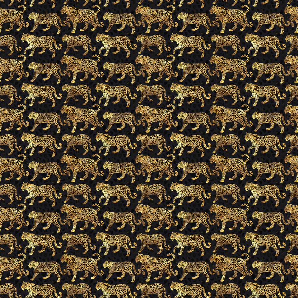 Pattern of numerous identical leopards walking in rows against a dark background.