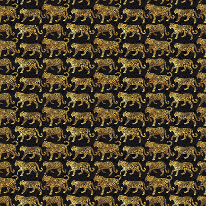 Pattern of numerous identical leopards walking in rows against a dark background.