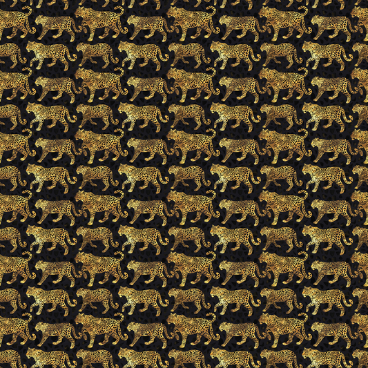 Pattern of numerous identical leopards walking in rows against a dark background.