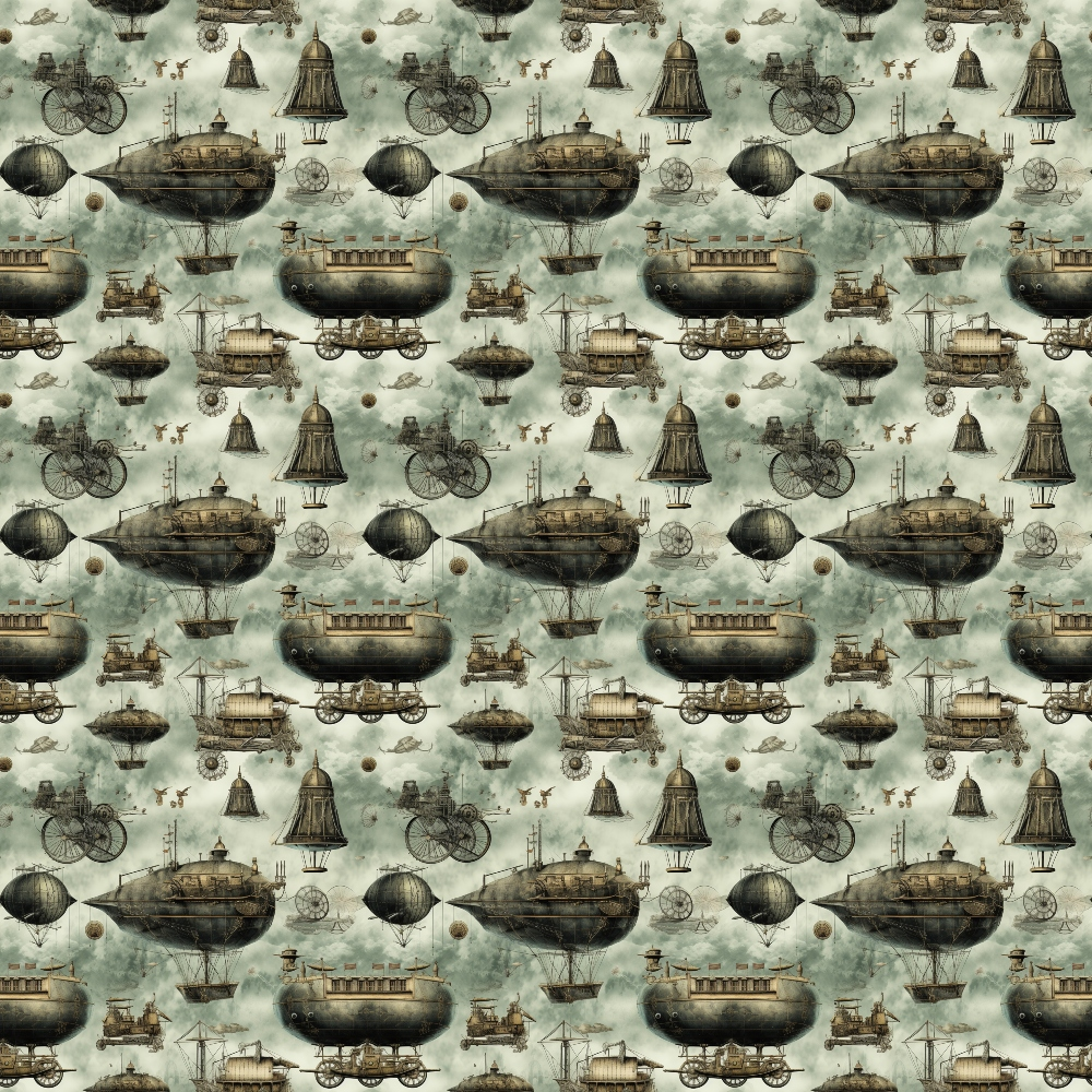 Steampunk-themed pattern featuring various vintage-style airships, balloons, and bicycles against a cloudy sky background.