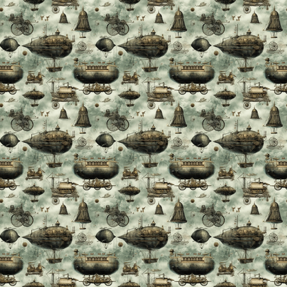 Steampunk-themed pattern featuring various vintage-style airships, balloons, and bicycles against a cloudy sky background.