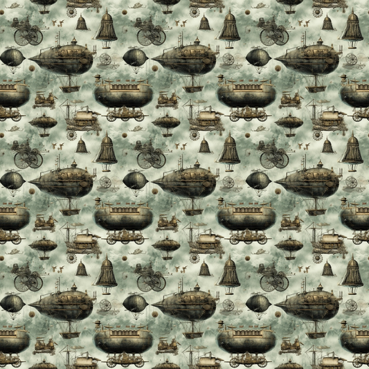 Steampunk-themed pattern featuring various vintage-style airships, balloons, and bicycles against a cloudy sky background.