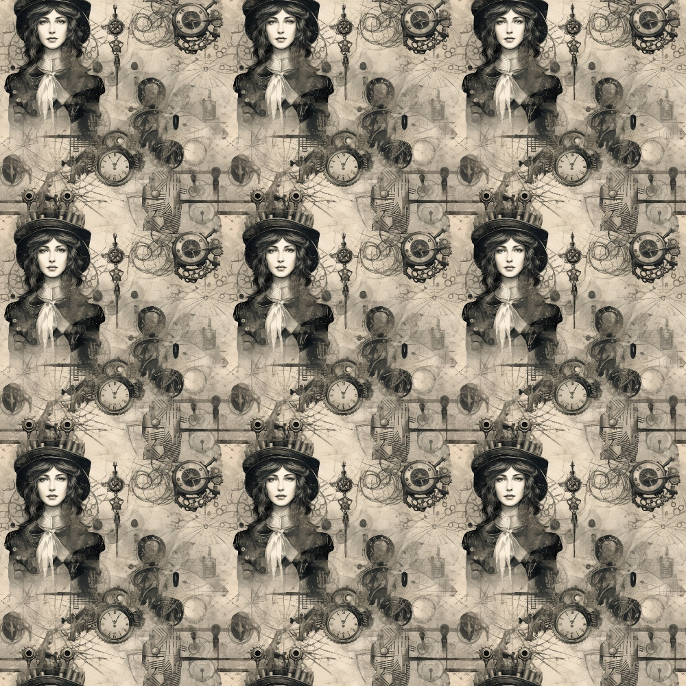 Vintage collage with repeated portraits of a woman in steampunk attire, featuring clocks, chains, and gears on a sepia-toned background.