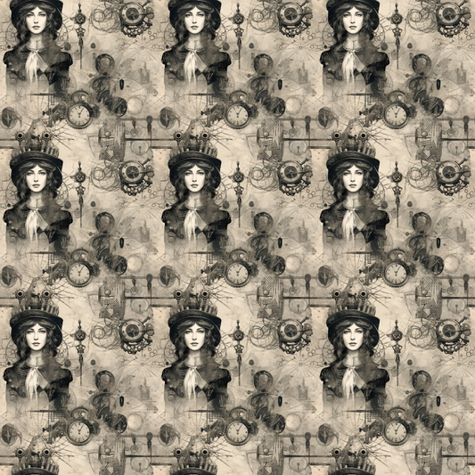 Vintage collage with repeated portraits of a woman in steampunk attire, featuring clocks, chains, and gears on a sepia-toned background.