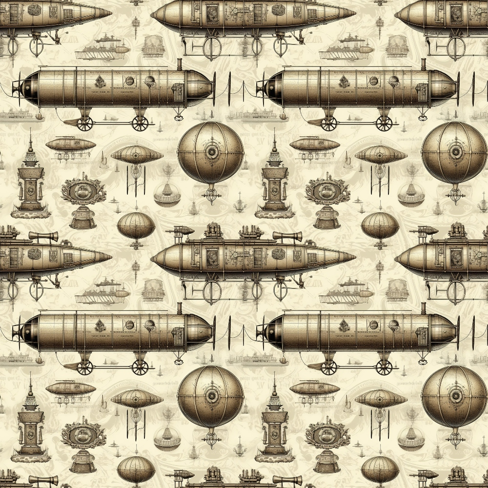 Steampunk-themed pattern with airships, gears, and machinery on a beige background, arranged in a seamless design.