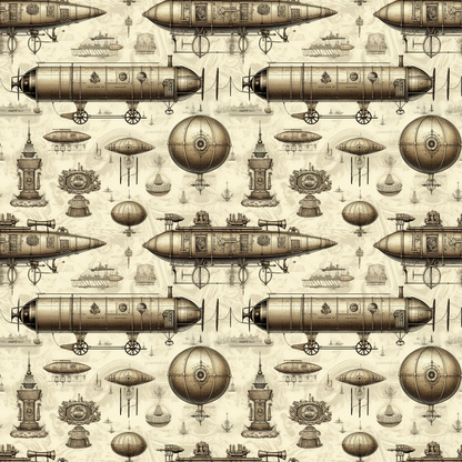 Steampunk-themed pattern with airships, gears, and machinery on a beige background, arranged in a seamless design.