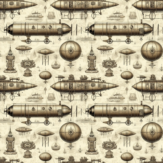 Steampunk-themed pattern with airships, gears, and machinery on a beige background, arranged in a seamless design.