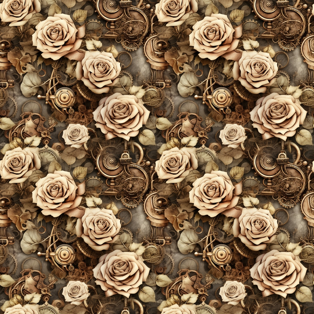 sepia tones, brown, beige, cream, vintage roses, steampunk gears, mechanical elements, clockwork, industrial machinery, gothic aesthetic, ornate scrollwork, floral motif, antique brass, copper tones, repeating pattern, quilting cotton, fabric panel, victorian style, vintage machinery, dark romantic