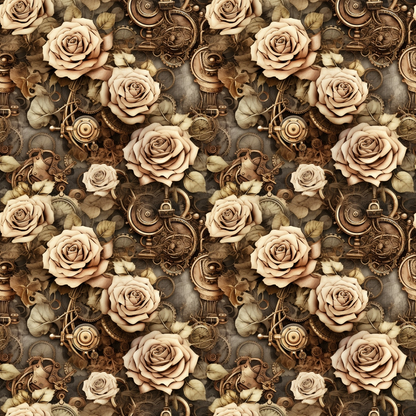 sepia tones, brown, beige, cream, vintage roses, steampunk gears, mechanical elements, clockwork, industrial machinery, gothic aesthetic, ornate scrollwork, floral motif, antique brass, copper tones, repeating pattern, quilting cotton, fabric panel, victorian style, vintage machinery, dark romantic