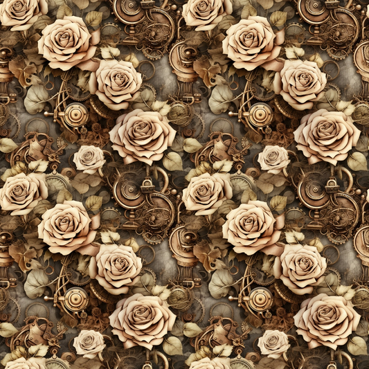 Pattern of beige roses, gears, and vintage metal elements intertwined with leaves, creating a steampunk aesthetic.