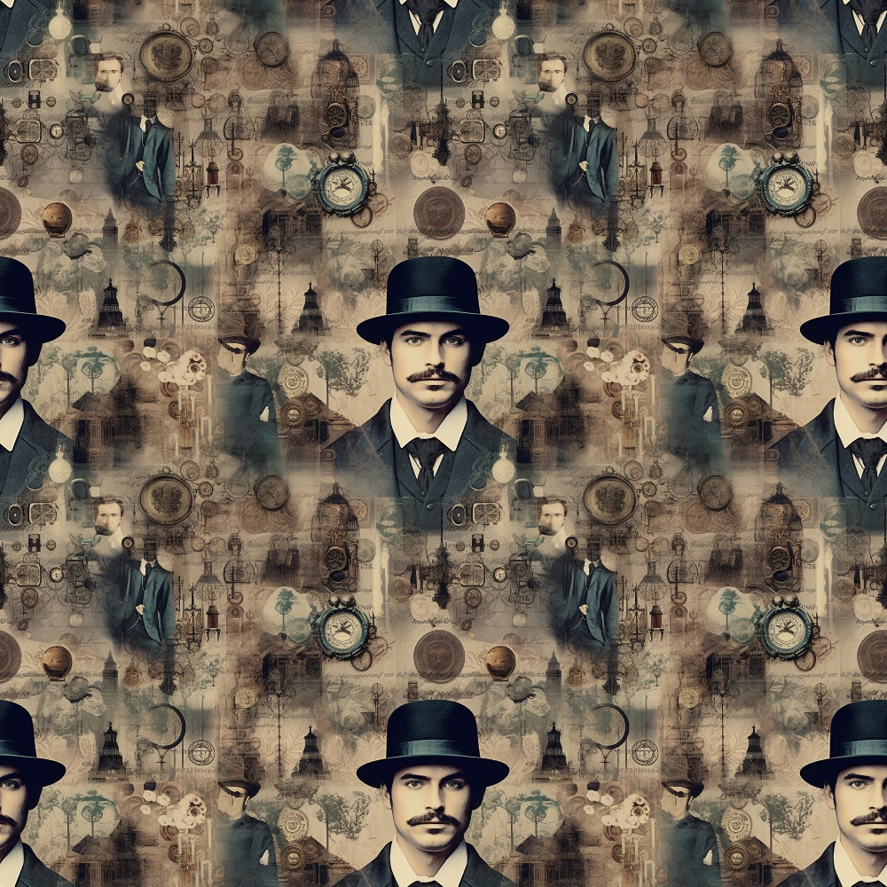 Repeating pattern of a vintage-styled man in a suit and bowler hat. Background includes old clocks, gears, and sepia-toned ornamental designs.